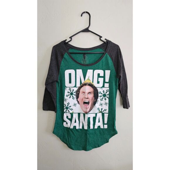 unknown Tops - ELF Christmas Graphic Raglan Baseball Tee Juniors Size L (11/13) OMG Santa Green